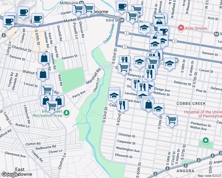 map of restaurants, bars, coffee shops, grocery stores, and more near 449 South 63rd Street in Philadelphia