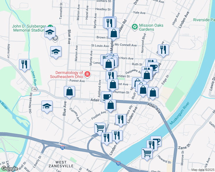 map of restaurants, bars, coffee shops, grocery stores, and more near 1320 Maple Avenue in Zanesville