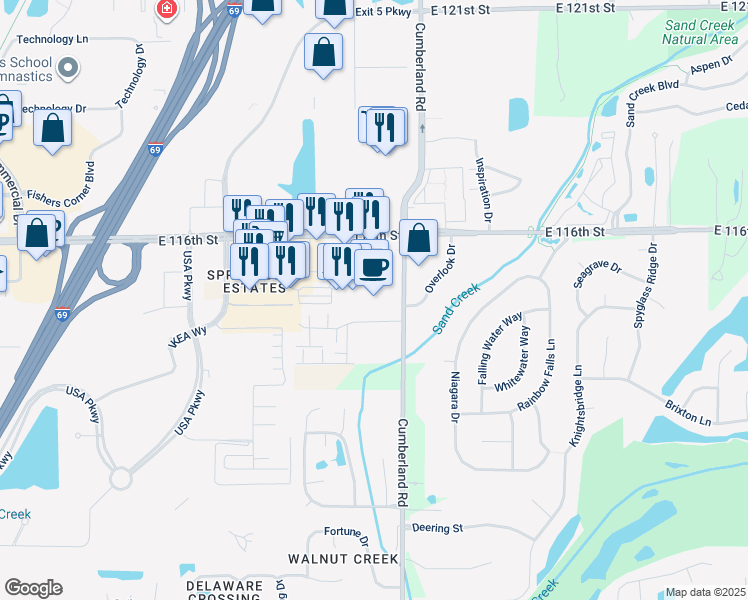 map of restaurants, bars, coffee shops, grocery stores, and more near 10005 East 116th Street in Fishers
