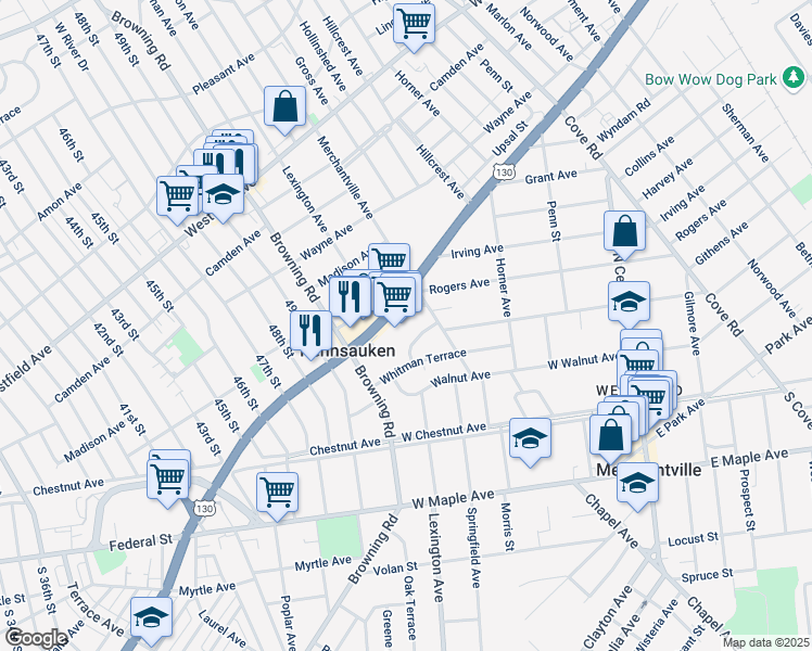 map of restaurants, bars, coffee shops, grocery stores, and more near in Pennsauken Township