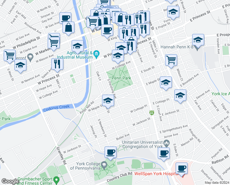 map of restaurants, bars, coffee shops, grocery stores, and more near 162 Lafayette Street in York