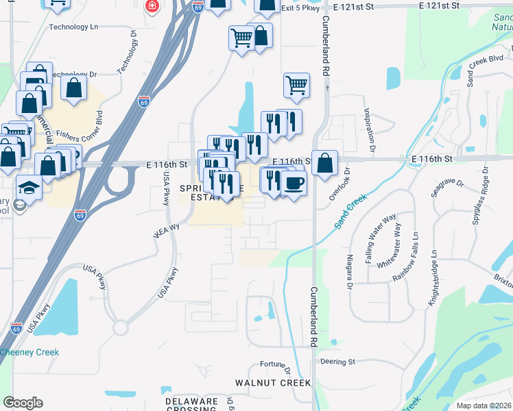 map of restaurants, bars, coffee shops, grocery stores, and more near 9767 East 116th Street in Fishers