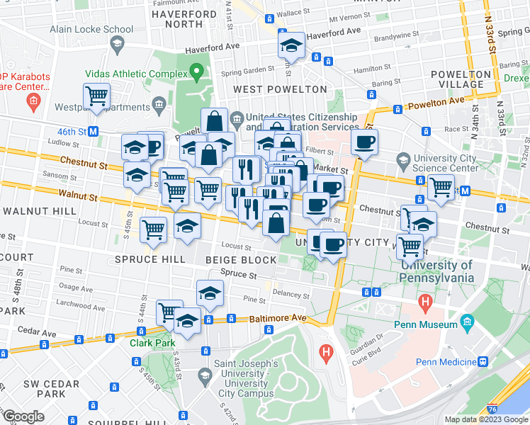 map of restaurants, bars, coffee shops, grocery stores, and more near 4024 Sansom Street in Philadelphia