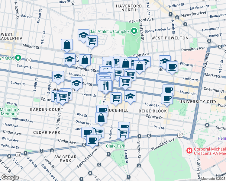 map of restaurants, bars, coffee shops, grocery stores, and more near 4408 Walnut Street in Philadelphia
