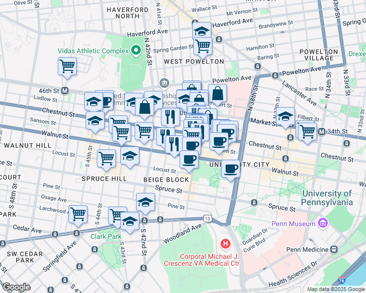 map of restaurants, bars, coffee shops, grocery stores, and more near 4024 Sansom Street in Philadelphia