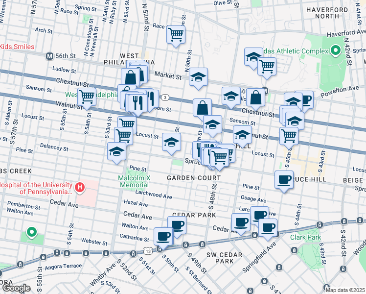 map of restaurants, bars, coffee shops, grocery stores, and more near 240 South Saint Bernard Street in Philadelphia