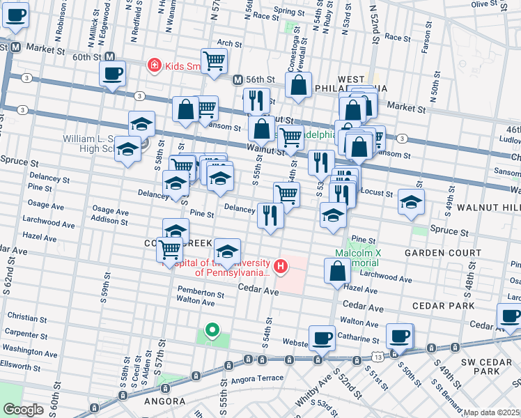 map of restaurants, bars, coffee shops, grocery stores, and more near 5455 Delancey Street in Philadelphia