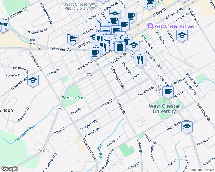 map of restaurants, bars, coffee shops, grocery stores, and more near 237 West Union Street in West Chester
