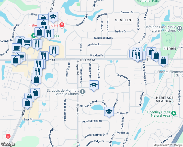 map of restaurants, bars, coffee shops, grocery stores, and more near 11545 Crestview Drive in Fishers
