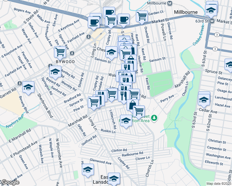 map of restaurants, bars, coffee shops, grocery stores, and more near 319 Maypole Road in Delaware County