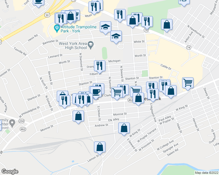 map of restaurants, bars, coffee shops, grocery stores, and more near 1701 West Philadelphia Street in West York