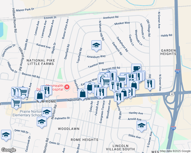 map of restaurants, bars, coffee shops, grocery stores, and more near 4928 Eastham Way in Columbus