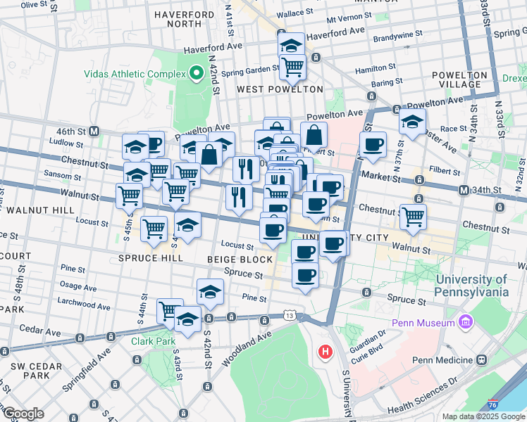 map of restaurants, bars, coffee shops, grocery stores, and more near 4026 Sansom Street in Philadelphia
