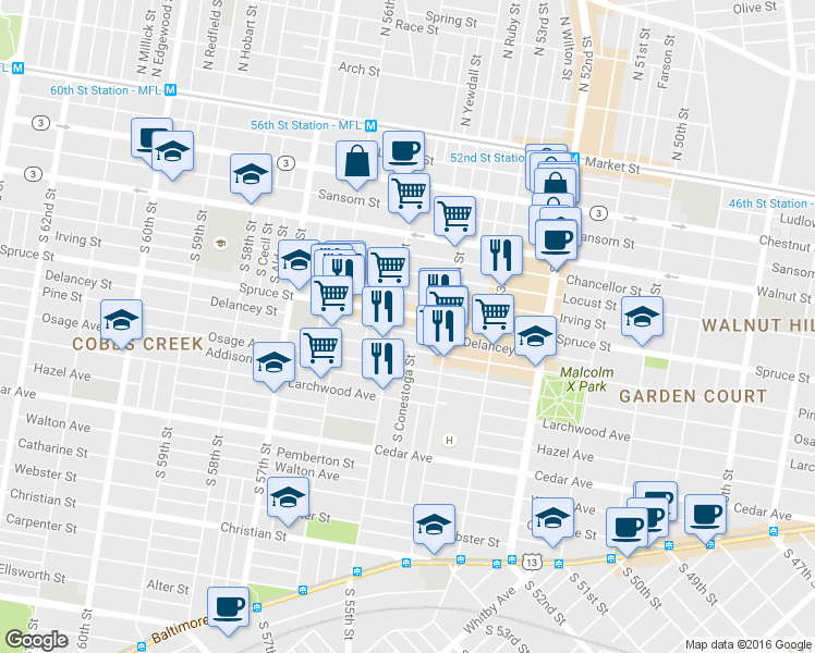 map of restaurants, bars, coffee shops, grocery stores, and more near 5455 Delancey Street in Philadelphia