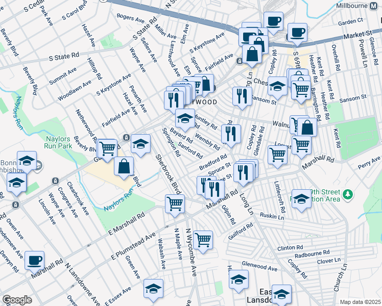 map of restaurants, bars, coffee shops, grocery stores, and more near 256 Sanford Road in Delaware County