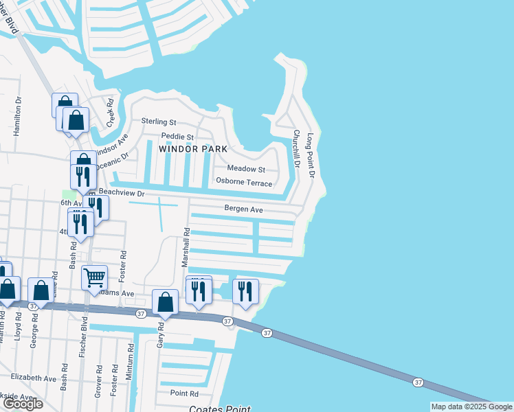 map of restaurants, bars, coffee shops, grocery stores, and more near 3446 Bergen Avenue in Toms River