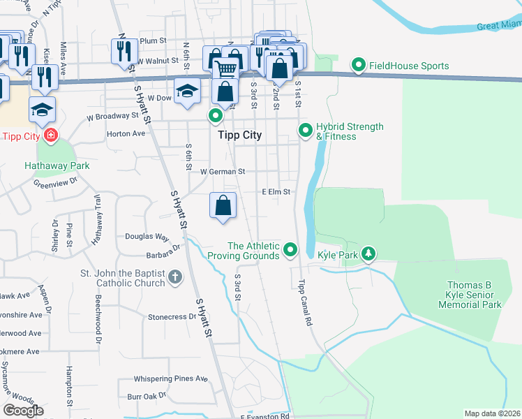 map of restaurants, bars, coffee shops, grocery stores, and more near 528 South 3rd Street in Tipp City