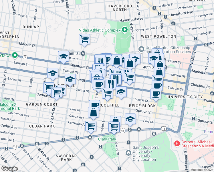 map of restaurants, bars, coffee shops, grocery stores, and more near 4402 Walnut Street in Philadelphia