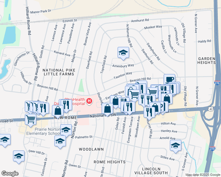 map of restaurants, bars, coffee shops, grocery stores, and more near 4991 Beacon Hill Road in Columbus