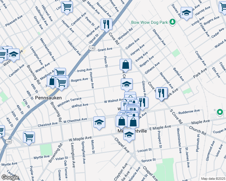 map of restaurants, bars, coffee shops, grocery stores, and more near 23 West Cedar Avenue in Merchantville