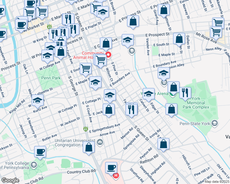 map of restaurants, bars, coffee shops, grocery stores, and more near 209 East Cottage Place in York