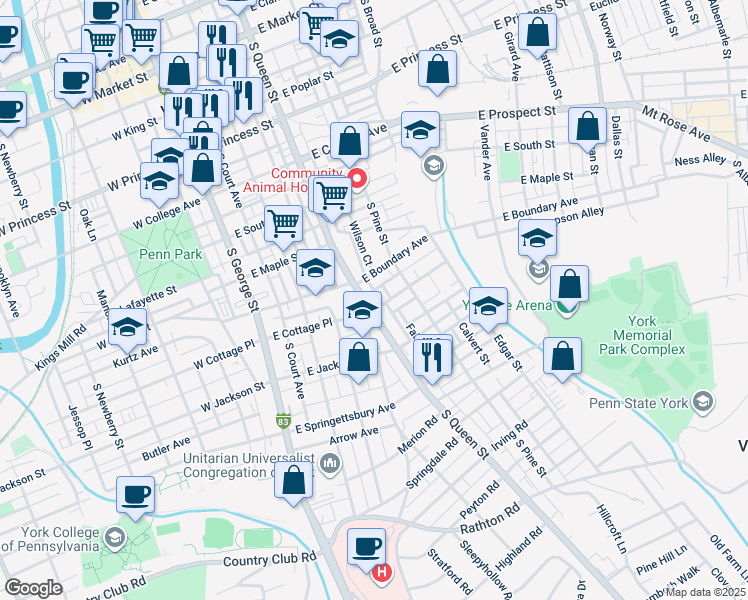 map of restaurants, bars, coffee shops, grocery stores, and more near 209 East Cottage Place in York