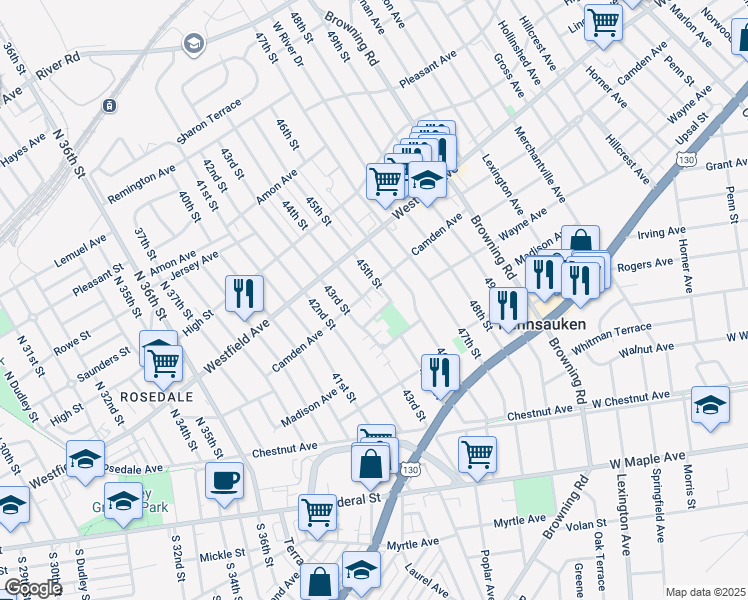 map of restaurants, bars, coffee shops, grocery stores, and more near 4406 Camden Avenue in Pennsauken Township