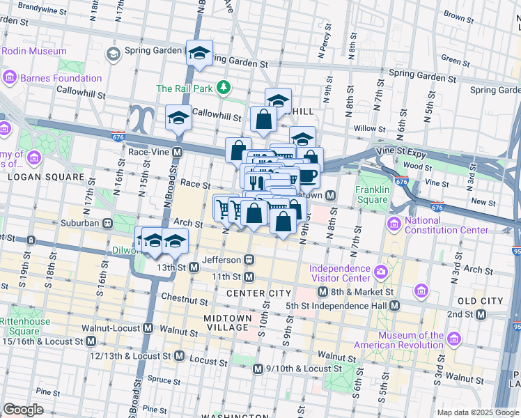 map of restaurants, bars, coffee shops, grocery stores, and more near 131 North 11th Street in Philadelphia