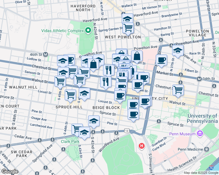 map of restaurants, bars, coffee shops, grocery stores, and more near 123 South 41st Street in Philadelphia