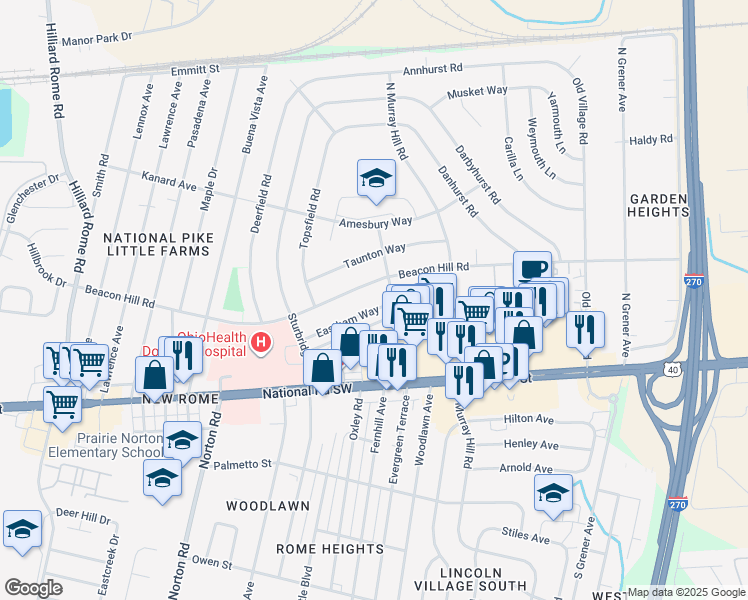 map of restaurants, bars, coffee shops, grocery stores, and more near 4926 Eastham Way in Columbus