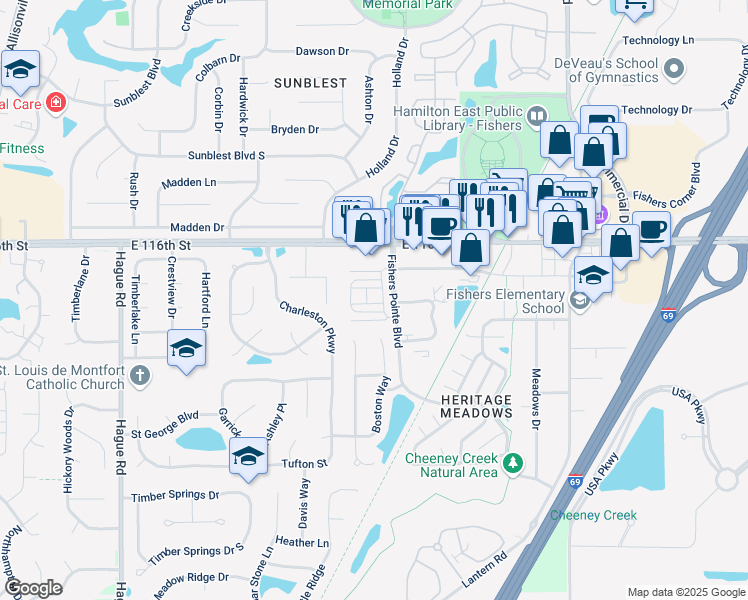 map of restaurants, bars, coffee shops, grocery stores, and more near 8256 Jo Ellen Drive in Fishers