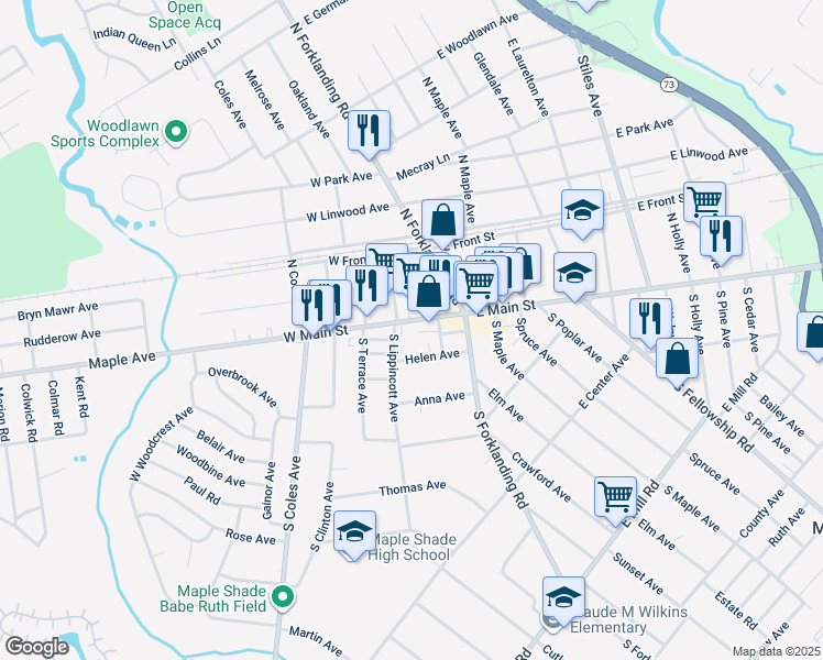 map of restaurants, bars, coffee shops, grocery stores, and more near 111 West Main Street in Maple Shade