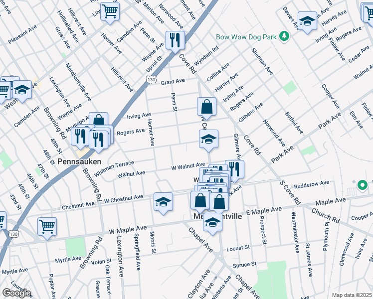 map of restaurants, bars, coffee shops, grocery stores, and more near 23 West Cedar Avenue in Merchantville
