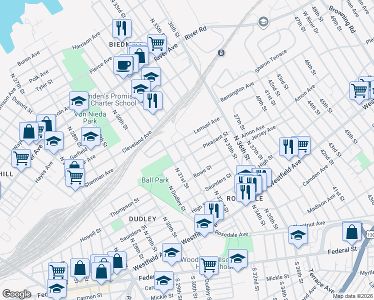 map of restaurants, bars, coffee shops, grocery stores, and more near 637 North 32nd Street in Camden