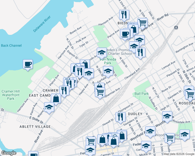map of restaurants, bars, coffee shops, grocery stores, and more near 902 North 28th Street in Camden