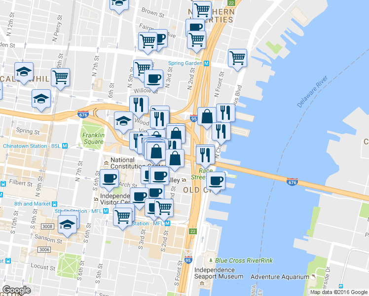 map of restaurants, bars, coffee shops, grocery stores, and more near 154 Vine Street in Philadelphia