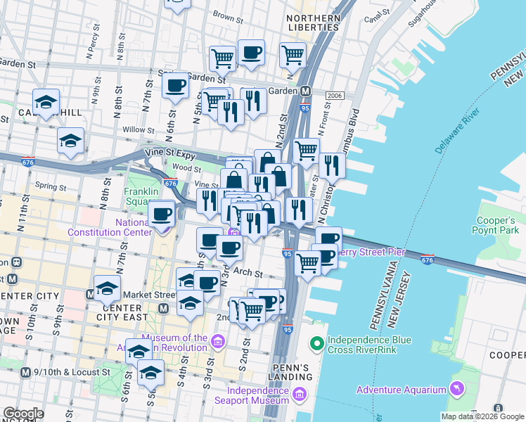 map of restaurants, bars, coffee shops, grocery stores, and more near 154 Vine Street in Philadelphia