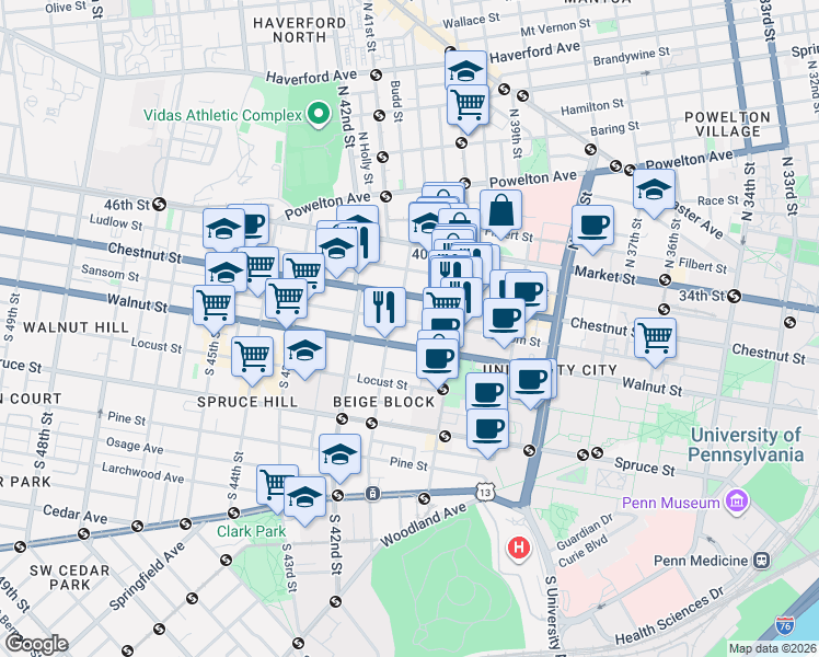 map of restaurants, bars, coffee shops, grocery stores, and more near 4044 Chestnut Street in Philadelphia