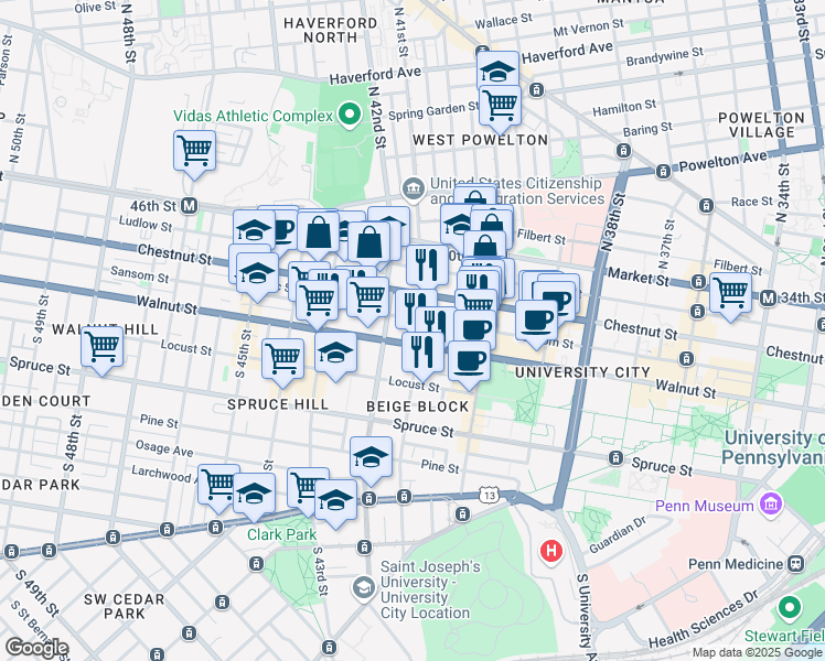 map of restaurants, bars, coffee shops, grocery stores, and more near 4100 Chestnut Street in Philadelphia