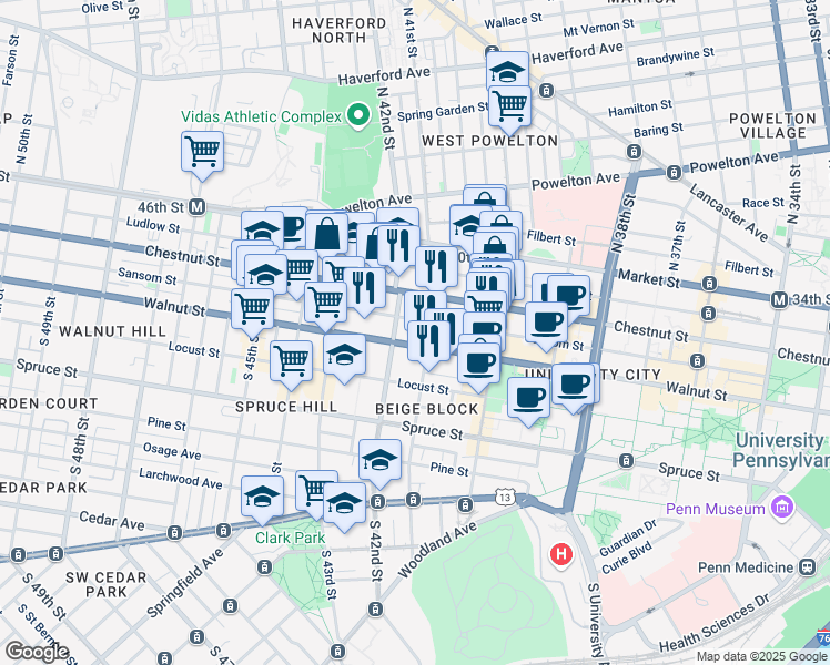 map of restaurants, bars, coffee shops, grocery stores, and more near 4100 Chestnut Street in Philadelphia