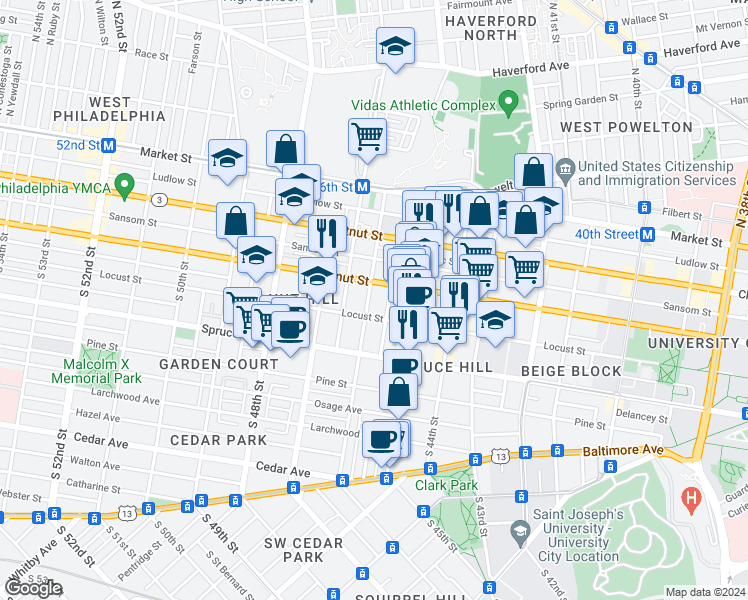 map of restaurants, bars, coffee shops, grocery stores, and more near 4528 Walnut Street in Philadelphia