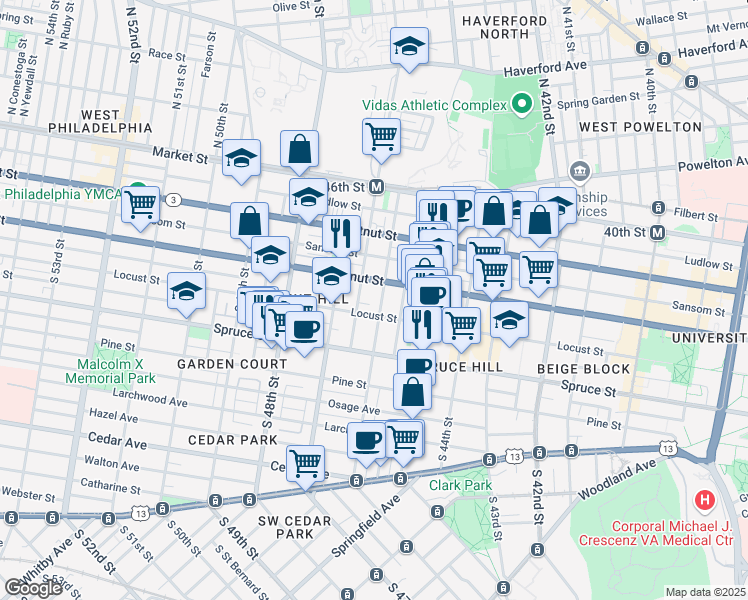 map of restaurants, bars, coffee shops, grocery stores, and more near 4620 Walnut Street in Philadelphia
