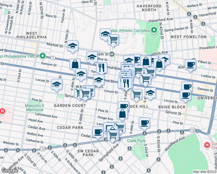 map of restaurants, bars, coffee shops, grocery stores, and more near 4620 Walnut Street in Philadelphia