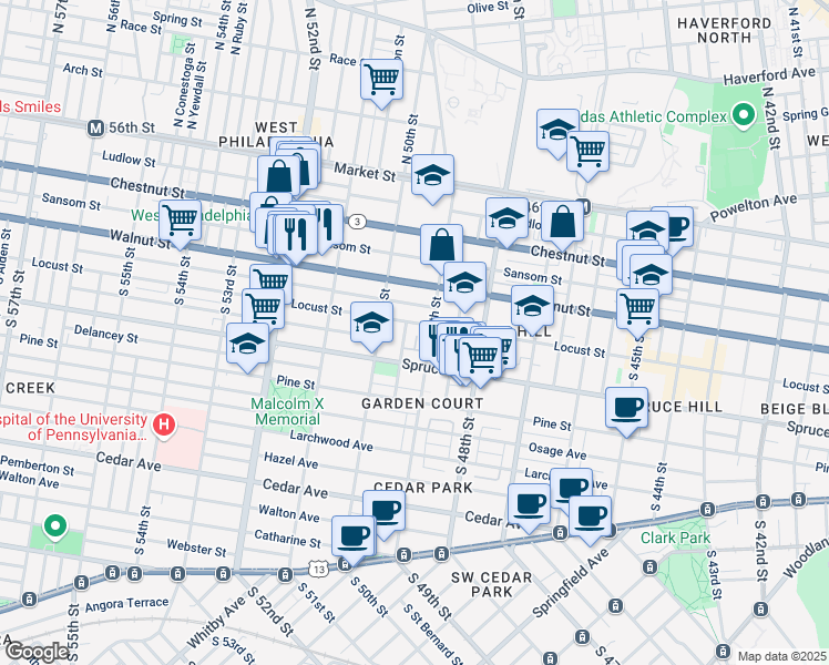 map of restaurants, bars, coffee shops, grocery stores, and more near 4918 Chancellor Street in Philadelphia