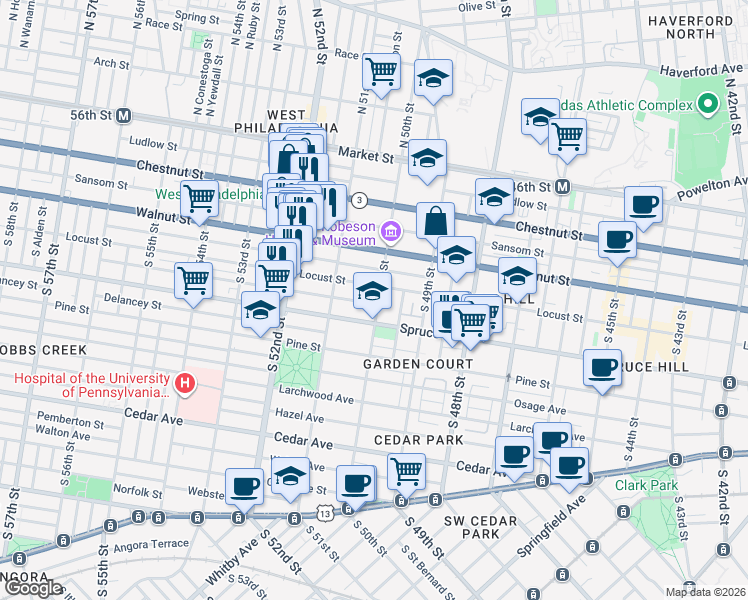 map of restaurants, bars, coffee shops, grocery stores, and more near 228 South 50th Street in Philadelphia