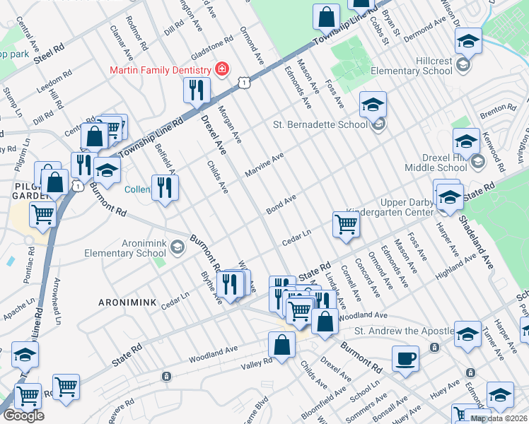 map of restaurants, bars, coffee shops, grocery stores, and more near 1021 Drexel Avenue in Drexel Hill