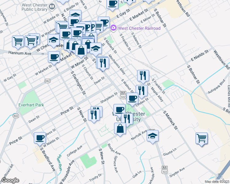 map of restaurants, bars, coffee shops, grocery stores, and more near 508 U.S. 322 Business in West Chester