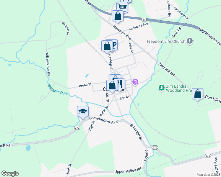 map of restaurants, bars, coffee shops, grocery stores, and more near 11 West Slokom Avenue in Christiana