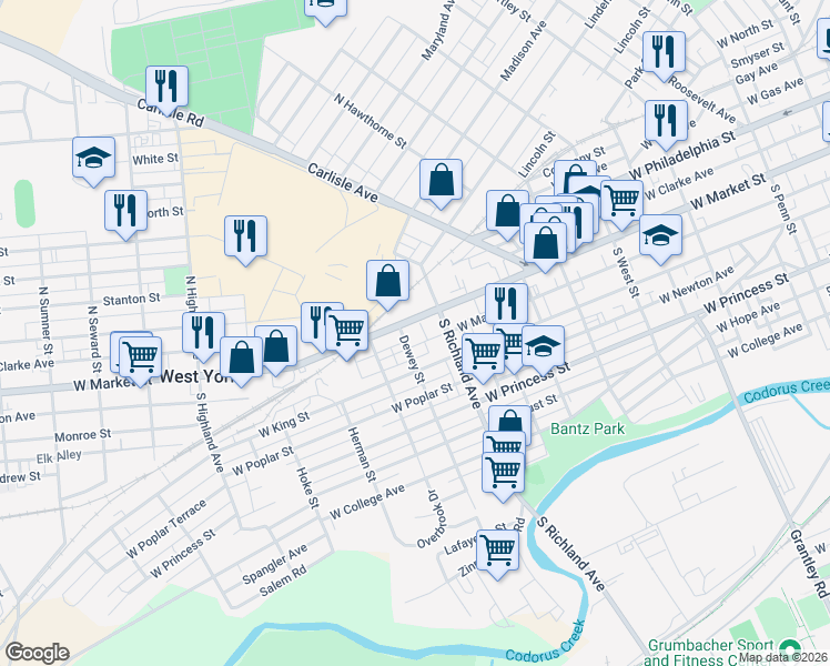 map of restaurants, bars, coffee shops, grocery stores, and more near 1001 West Market Street in York