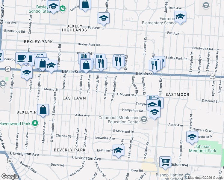 map of restaurants, bars, coffee shops, grocery stores, and more near 737 South Chesterfield Road in Columbus